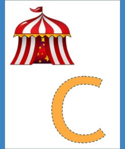 Ilustración de una carpa de circo Abecedario ABC con rayas y estrellas rojas y blancas sobre una letra 