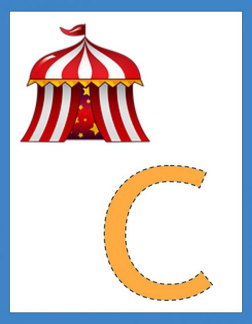 Ilustración de una carpa de circo Abecedario ABC con rayas y estrellas rojas y blancas sobre una letra "c" grande delineada con detalles de costuras sobre un fondo azul.