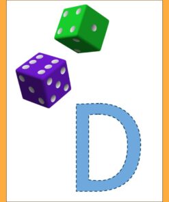 Dos dados tridimensionales, uno verde y otro morado, aparecen suspendidos en el aire. Debajo de ellos hay una gran letra azul 