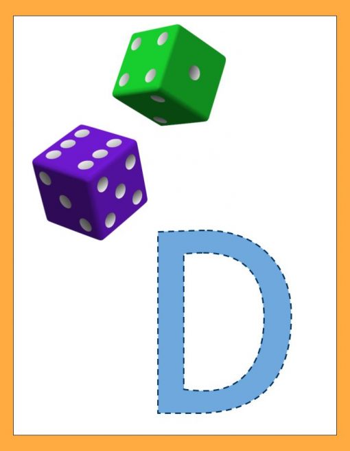 Dos dados tridimensionales, uno verde y otro morado, aparecen suspendidos en el aire. Debajo de ellos hay una gran letra azul "d" del Abecedario ABC con un contorno discontinuo. El fondo es de color naranja pálido.