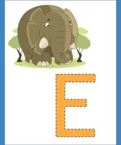 Ilustración de un elefante de dibujos animados parado entre dos árboles, encima de una letra 