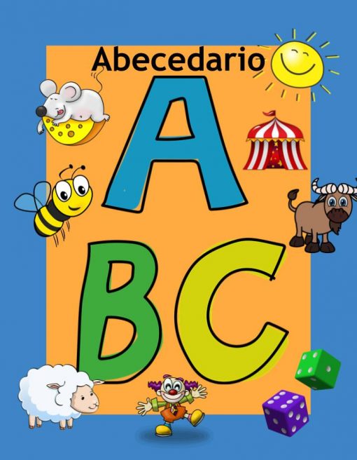 Colorido y educativo Abecedario ABC con las letras "a, b, c" con ilustraciones de un ratón, una abeja, una carpa de circo, un yak, una oveja, un payaso y un dado, todo bajo un sol sonriente.