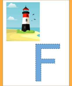 Ilustración de un faro en una playa de arena con cielos azules, nubes y pájaros volando, junto a una gran letra 