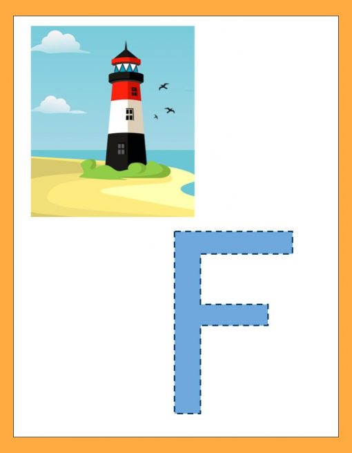 Ilustración de un faro en una playa de arena con cielos azules, nubes y pájaros volando, junto a una gran letra "f" azul estilo Abecedario ABC sobre un fondo blanco.