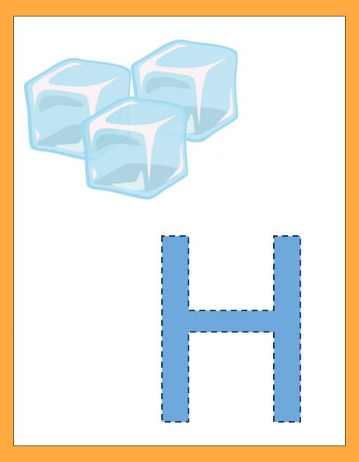 Ilustración de tres cubitos de hielo translúcidos en la parte superior y una gran letra "h" azul del Abecedario ABC en la parte inferior, todo ello sobre un fondo naranja claro con un borde blanco.