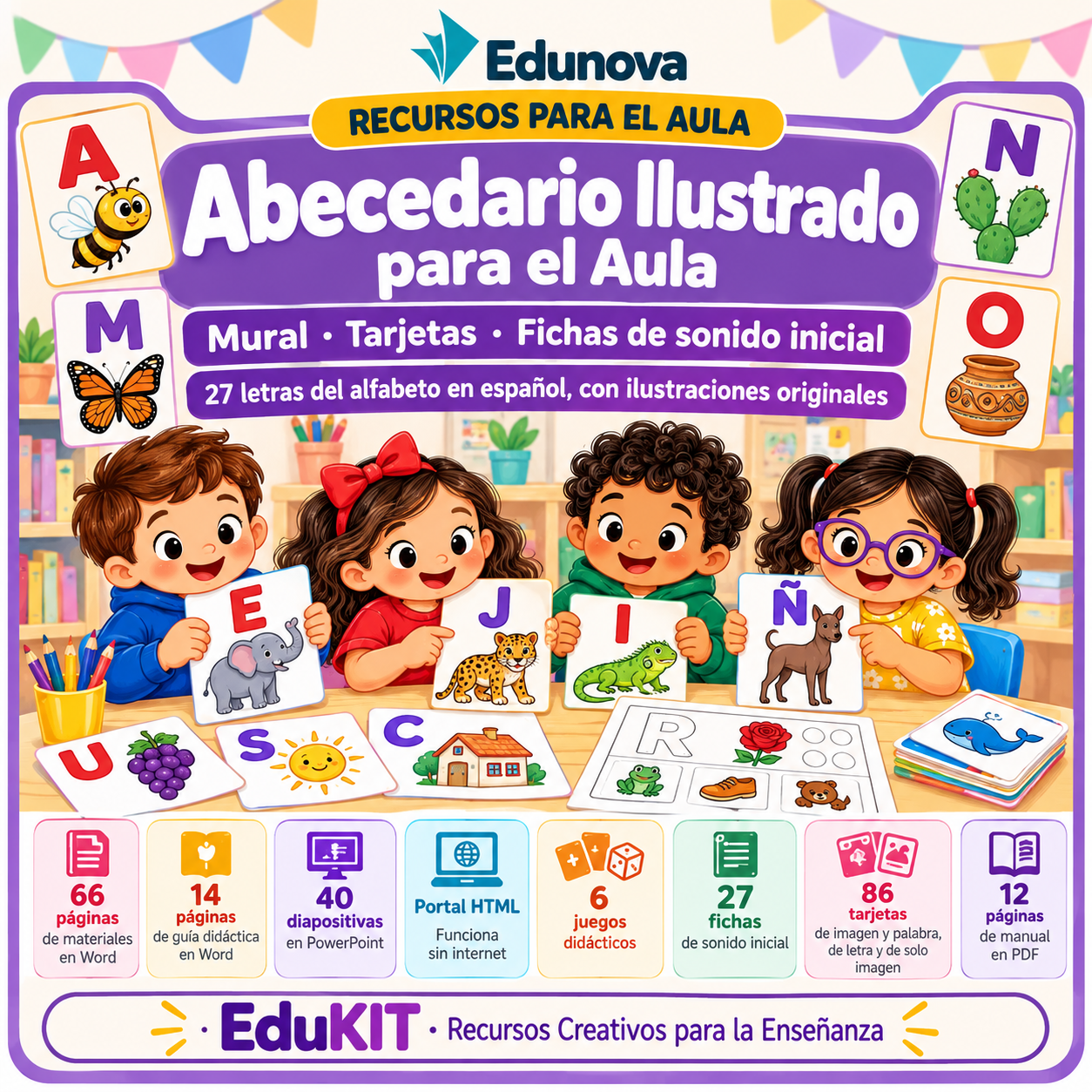 Abecedario Ilustrado para Preescolar y Primaria | 27 Carteles, 86 Tarjetas, 27 Fichas y 6 Juegos de Sonido Inicial 1 Abecedario Ilustrado para Preescolar y Primaria | 27 Carteles, 86 Tarjetas, 27 Fichas y 6 Juegos de Sonido Inicial