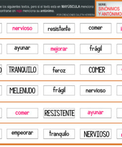 Hoja de ejercicios en español con palabras en recuadros, algunas en mayúsculas. La tarea consiste en emparejar cada palabra en mayúscula con su sinónimo (negro) o antónimo (rojo). Las palabras incluyen 
