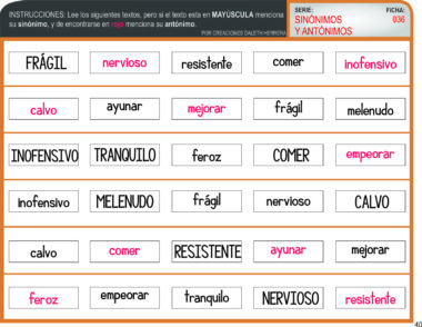 Hoja de ejercicios en español con palabras en recuadros, algunas en mayúsculas. La tarea consiste en emparejar cada palabra en mayúscula con su sinónimo (negro) o antónimo (rojo). Las palabras incluyen "FRÁGIL", "nervioso", "INOFENSIVO" y "calvo".