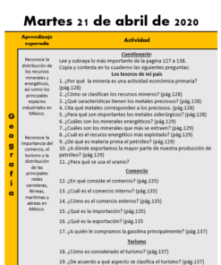 Una página del libro de texto Actividades de 4to año, “Aprende en casa” 1er semana de abril para actividades de 4to año, que muestra una lista de preguntas numeradas del 11 al 20, enfocándose en temas económicos como el comercio, la importancia de los minerales, el turismo y el equilibrio ecológico. .