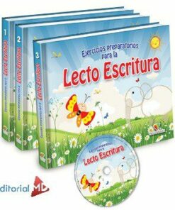 Un conjunto de tres libros de Ejercicios Preparatorios para Actividades de Lecto Escritura con una cubierta colorida que representa una mariposa, una oveja y flores, acompañados de un CD.