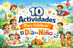 Colorida ilustración con niños jugando, pintando, acampando y celebrando con globos. El texto en grande dice "10 Actividades Para Celebrar El Día del Niño" con decoraciones festivas y niños felices disfrutando de actividades al aire libre.