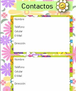 Una plantilla de lista de contactos colorida y con temática floral con secciones para dos contactos. Cada sección incluye campos para 