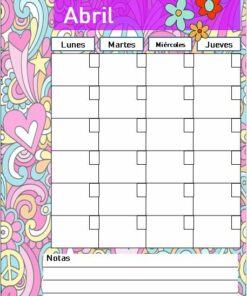 Un colorido calendario de abril con un fondo de diseño floral y de corazones. Los días de la semana están en español: Lunes, Martes, Miércoles, Jueves y hay una sección de notas en la parte inferior. El diseño presenta símbolos de paz Flower Power y remolinos en colores pastel para su Agenda Perpetua Flower Power.