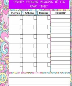 Una vibrante agenda semanal con un fondo colorido con estampado de corazones y flores. Esta Agenda Perpetua Flower Power presenta columnas para el viernes, sábado y domingo, junto con una sección 