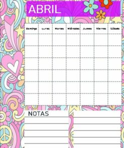 Una colorida plantilla de calendario de abril con un divertido fondo estilo garabato con corazones, flores y signos de la paz que recuerdan a Flower Power. El calendario tiene espacios para cada día de la semana y apartados para notas en la parte inferior. El texto está en español, perfecto como Agenda Perpetua Flower Power.
