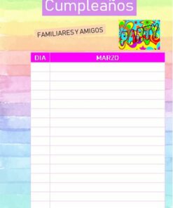 La imagen es una colorida tabla de cumpleaños en español titulada 
