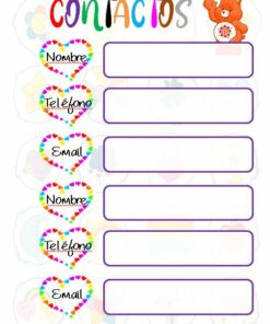 Una colorida plantilla de lista de contactos en español con el título 