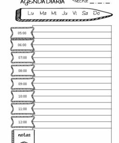 Una agenda diaria en blanco y negro con un área de título en forma de lápiz con la etiqueta 