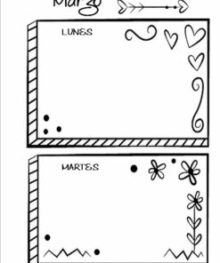 Una agenda ilustrada en blanco y negro para el mes de marzo. La Agenda Perpetua Doodles se divide en dos secciones denominadas 