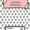 Una portada decorativa de Agenda Perpetua Doodles con un fondo de pequeños corazones y garabatos en blanco y negro. Una cinta rosa cerca de la parte superior muestra "AGENDA PERPETUA" en negrita. Un cuadro cerca de la parte inferior con la etiqueta "Nombre" y un pequeño corazón al lado es para escribir un nombre.