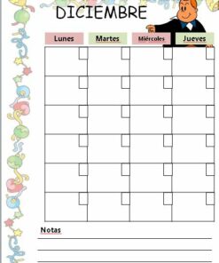 Un calendario español de diciembre adornado con bordes festivos y coloridos con globos y estrellas. Los días de la semana, etiquetados en rojo, verde y naranja, con el domingo en blanco, añaden un toque encantador. Un caricaturista sonriente señala 