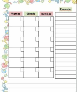 Una agenda semanal de temática festiva inspirada en Pequeña Lulú, con secciones para viernes, sábado y domingo. Cada sección presenta cuadrículas espaciadas para tareas o notas. El lado derecho tiene una columna 