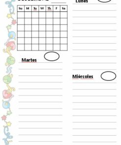 Una página de planificación en español para diciembre con Agenda Perpetua Pequeña Lulú. Tiene una cuadrícula de calendario en la parte superior izquierda, un borde decorativo a la izquierda y secciones etiquetadas para Lunes, Martes, Miércoles con círculos vacíos y líneas para notas. Los días de la semana se abrevian como Do, M, Tu, W, Th, F, Sa.