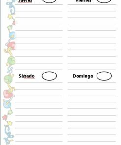 Una colorida página de agenda dividida en cuatro secciones para diferentes días de la semana en español: Jueves (jueves), Viernes (viernes), Sábado (sábado) y Domingo (domingo). Cada sección tiene líneas para escribir y un óvalo para marcar tareas. El borde izquierdo está decorado con estrellas, notas musicales y una encantadora ilustración de Agenda Perpetua Pequeña Lulú.
