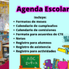 Folleto a todo color titulado "Agenda Escolar" en el que se enumeran elementos como formatos mensuales, calendarios de cumpleaños y comisiones, acuerdos CTE, notas, registros de alumnos y asistencia, y registros de actividades, con ilustraciones de temática escolar.