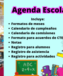 Folleto a todo color titulado "Agenda Escolar" en el que se enumeran elementos como formatos mensuales, calendarios de cumpleaños y comisiones, acuerdos CTE, notas, registros de alumnos y asistencia, y registros de actividades, con ilustraciones de temática escolar.