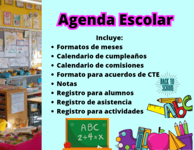 Folleto a todo color titulado "Agenda Escolar" en el que se enumeran elementos como formatos mensuales, calendarios de cumpleaños y comisiones, acuerdos CTE, notas, registros de alumnos y asistencia, y registros de actividades, con ilustraciones de temática escolar.