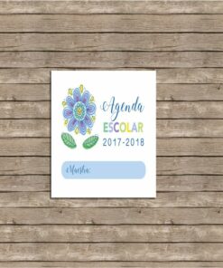 Una portada de agenda escolar para 2017-2018, que presenta un colorido diseño floral y las palabras "Agenda Escolar para Maestros" sobre un fondo de tablón de madera. Portada de la Agenda Escolar para Maestros 2017-2018