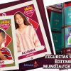 Imagen que muestra diseños de calcomanías de Panini con dos niños etiquetados como "Alumno" y "Alumna" con la leyenda "Figuritas Stikers/Cromos Editables Mundial Qatar 2022 ] PANINI". Se muestra una pegatina colocada en la página de un álbum de colección. El logotipo de Panini es visible, celebrando el entusiasmo de Cromos por este gran evento.