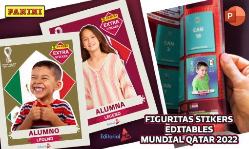 Imagen que muestra diseños de calcomanías de Panini con dos niños etiquetados como "Alumno" y "Alumna" con la leyenda "Figuritas Stikers/Cromos Editables Mundial Qatar 2022 ] PANINI". Se muestra una pegatina colocada en la página de un álbum de colección. El logotipo de Panini es visible, celebrando el entusiasmo de Cromos por este gran evento.