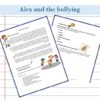 Dos páginas ilustradas del cuento "Lee y resucita" muestran "Alex y el acoso" en papel rayado, con niños de dibujos animados, un dibujo a lápiz y una llave, animando a los jóvenes lectores a superar los retos.