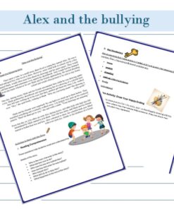 Dos páginas ilustradas del cuento "Lee y resucita" muestran "Alex y el acoso" en papel rayado, con niños de dibujos animados, un dibujo a lápiz y una llave, animando a los jóvenes lectores a superar los retos.
