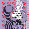Ilustración de Alicia y el Gato de Cheshire de "Alicia en el País de las Maravillas" con el texto "Agenda Perpetua Escolar y/o Personal Alicia en el País de las Maravillas" rodeado de corazones rojos sobre fondo morado.