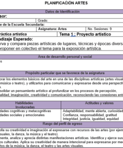 Imagen de una Planeación Artes Visuales 1 detallada, Nuevo Modelo Educativo (primer trimestre) que incluye secciones para grupo, nombre de la escuela, materia, fecha, integración de Artes Visuales, áreas de exploración y competencias. Utiliza una combinación de colores morado y blanco.