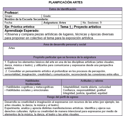 Imagen de una Planeación Artes Visuales 1 detallada, Nuevo Modelo Educativo (primer trimestre) que incluye secciones para grupo, nombre de la escuela, materia, fecha, integración de Artes Visuales, áreas de exploración y competencias. Utiliza una combinación de colores morado y blanco.