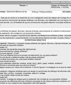 Imagen de un documento educativo estructurado sobre Planeacion Artes Visuales 1er Grado Ciclo Completo (3 Trimestres) + Cuadernillo + Diagnóstico, que incluye secciones sobre elementos básicos, enfoque y secuencia. Contiene esquemas de objetivos, contenidos, metodologías y evaluaciones en español.