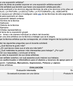 Un diagrama de flujo que describe el proceso de una exposición artística en la escuela, detallando los pasos desde 