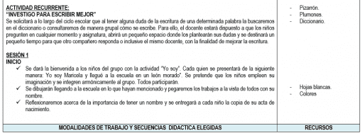 Imagen que muestra una tabla con texto titulado "ACTIVIDAD RECURRENTE: INVIERTO PARA ESCRIBIR MEJOR". Incluye títulos como "SESIÓN 1 INICIO" y viñetas sobre Planeaciones del Segundo Grado de Primaria 2021-2022 centrándose en mejorar las habilidades de escritura a mano.