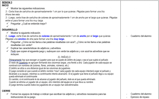 Captura de pantalla de un plan de sesiones de aula "Planeación 6 grado de Primaria (Segundo trimestre) 2021-2022" que presenta encabezados de segmentos como "Inicio", "Desarrollo" y "Cierre", con viñetas detalladas que describen actividades educativas relacionadas con la gramática y el lenguaje. letras.