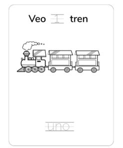 Una ilustración en blanco y negro de un tren con tres vagones, etiquetado 
