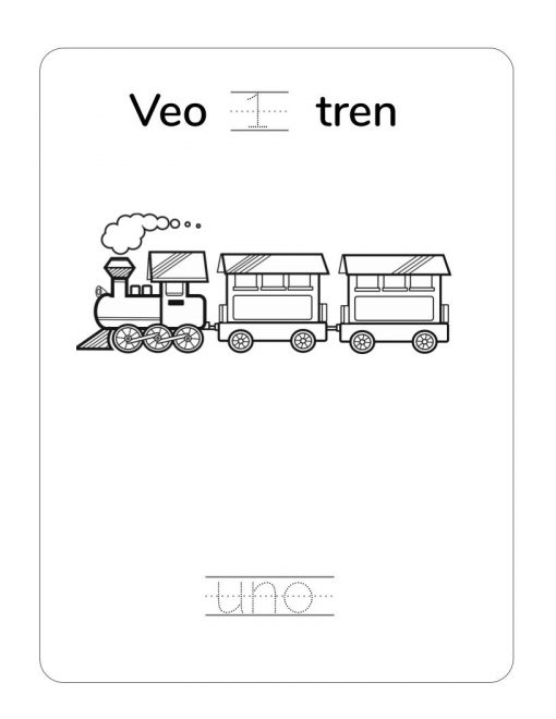 Una ilustración en blanco y negro de un tren con tres vagones, etiquetado "veo un tren" en la parte superior y "escribo uno" en la parte inferior, con fines educativos, posiblemente para practicar la ortografía o el conteo en Aprendiendo los números: 22 actividades para escribir los números hasta 10.