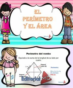 Póster educativo con niños de dibujos animados e instrucciones geométricas. La sección superior muestra a dos niños cerca de un bocadillo que dice "Áreas y Perímetros para imprimir". La sección inferior ilustra los cálculos del perímetro de rombo.