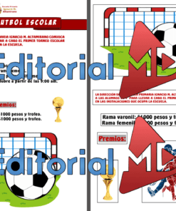 Volante para un torneo de fútbol escolar. Presenta un balón de fútbol dentro de una portería, ilustraciones de jugadores y detalles sobre el evento, las reglas y los premios. El texto está en español, con detalles en rojo y azul.