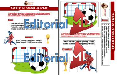 Volante para un torneo de fútbol escolar. Presenta un balón de fútbol dentro de una portería, ilustraciones de jugadores y detalles sobre el evento, las reglas y los premios. El texto está en español, con detalles en rojo y azul.