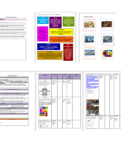 Un collage de varios diseños de documentos que incluyen formas de texto, bloques coloridos con texto, tablas e imágenes dispuestas para su visualización o presentación, que muestra una variedad de opciones de diseño de contenido en Planeaciones Artes Visuales 1° (TERCER TRIMESTRE).