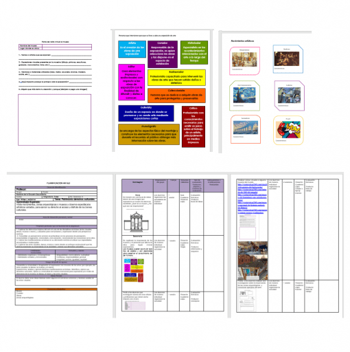 Un collage de varios diseños de documentos que incluyen formas de texto, bloques coloridos con texto, tablas e imágenes dispuestas para su visualización o presentación, que muestra una variedad de opciones de diseño de contenido en Planeaciones Artes Visuales 1° (TERCER TRIMESTRE).
